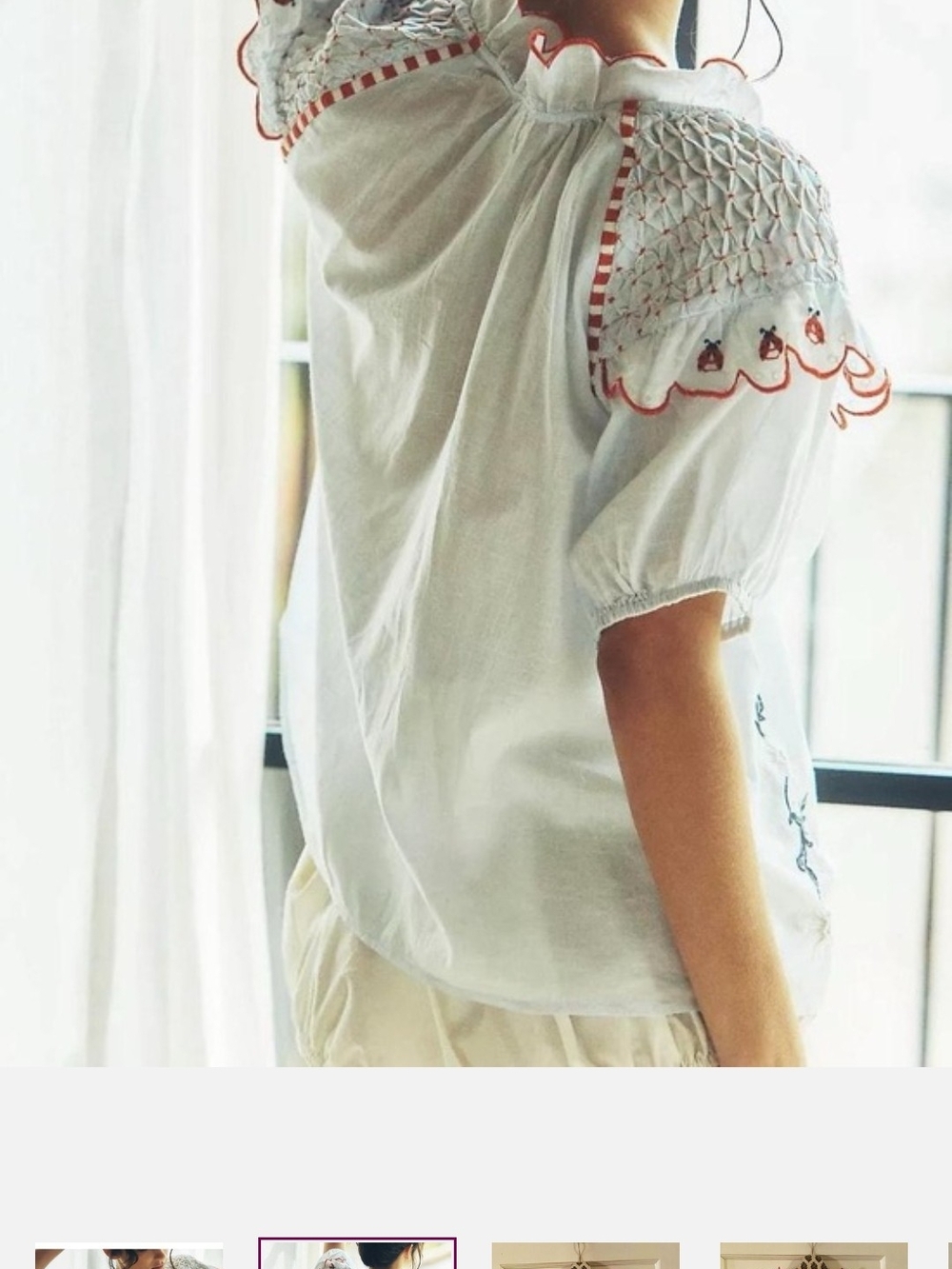 Anthropologie White Puff-Sleeve Top with Red Trim